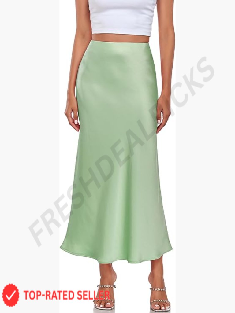 Satin Maxi Skirt High Waist Elastic Pull-On A-Line Fishtail Elegant Party Wear